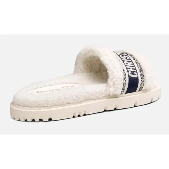 Christian Dior Dway Blue White Shearling Fur Logo Chunky Slide Flat Sandal 41